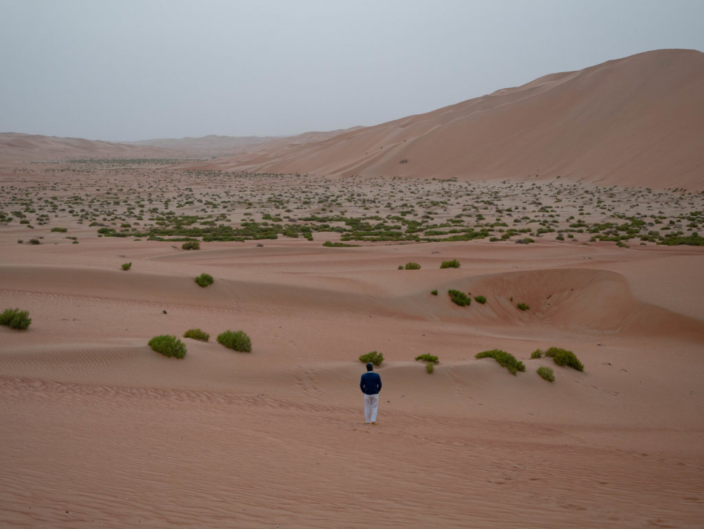 papa de dos marchant seul dans le désert