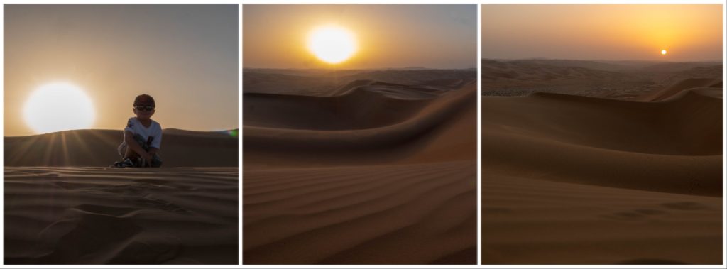 3 photos du coucher de soleil sur les dunes, sur la 1ere enfant à contre jour